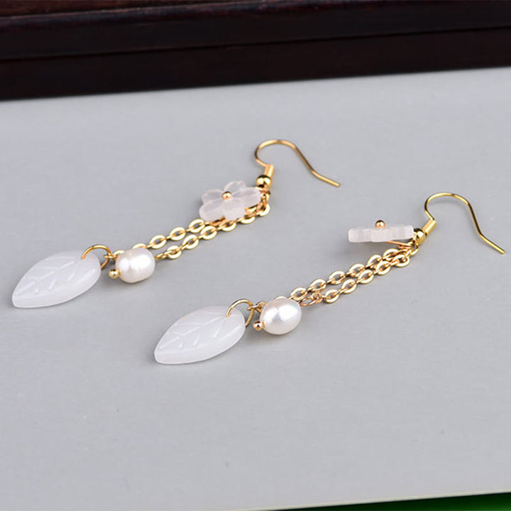 Buddha Stones Pearl White Flower Leaves Happiness Drop Earrings - image 4