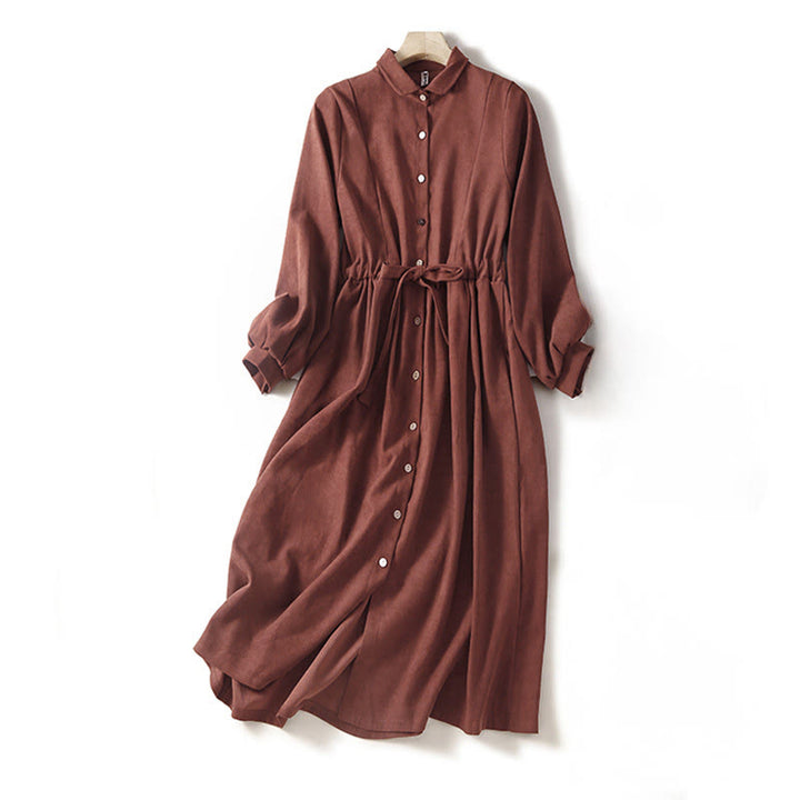 Buddha Stones Fall Solid Color Buttons Down Lace-up Design Long Sleeve Midi Dress With Pockets - SaddleBrown - US12，UK/AU16，EU44 (2XL) - image 0