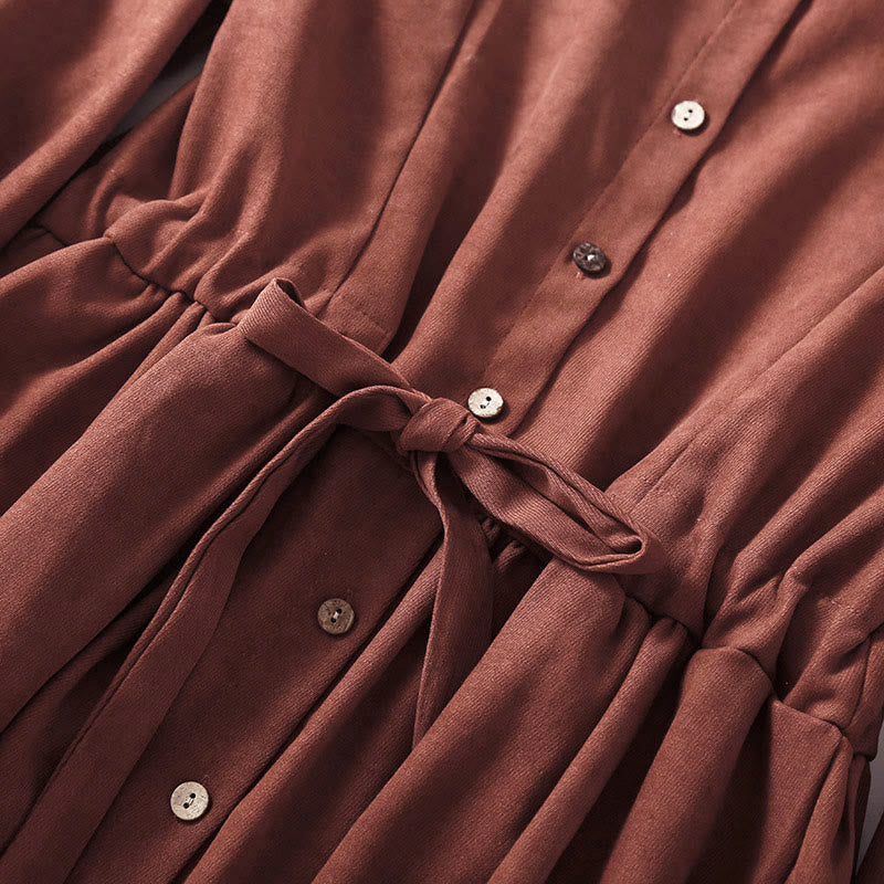 Buddha Stones Fall Solid Color Buttons Down Lace-up Design Long Sleeve Midi Dress With Pockets - image 3