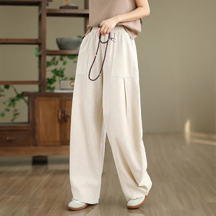 Buddha Stones Solid Color Cotton Linen Women's Straight Leg Pants With Pockets - image 1