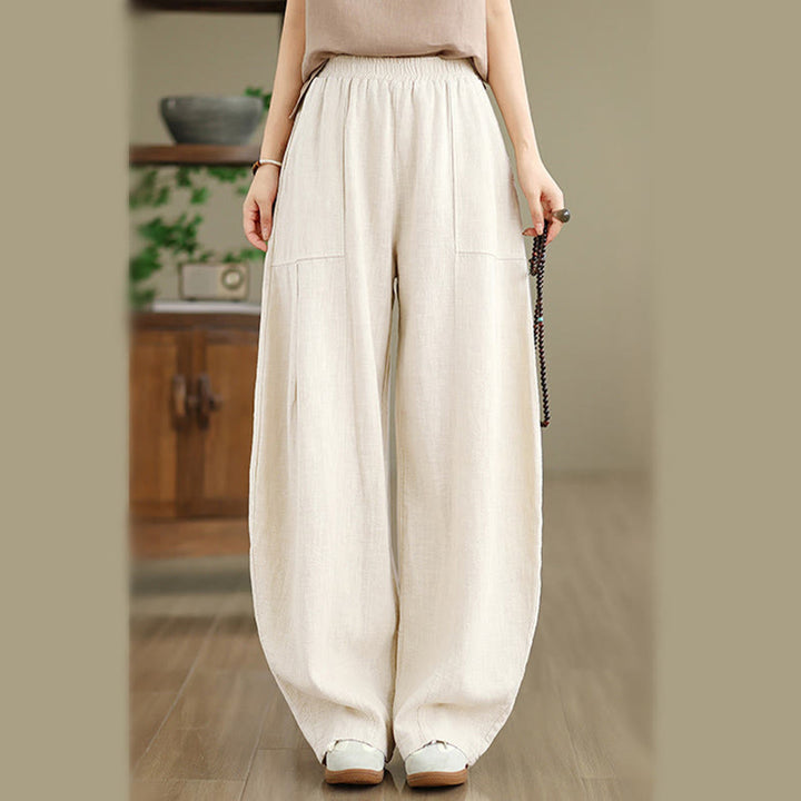 Buddha Stones Solid Color Cotton Linen Women's Straight Leg Pants With Pockets - image 5