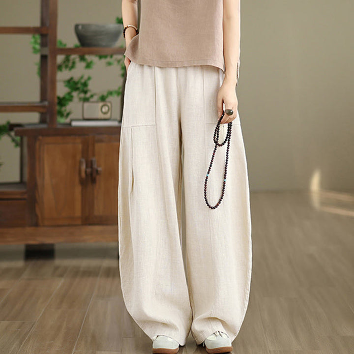 Buddha Stones Solid Color Cotton Linen Women's Straight Leg Pants With Pockets - Linen - US8-10，UK/AU12-14，EU40-42 (2XL) - image 0
