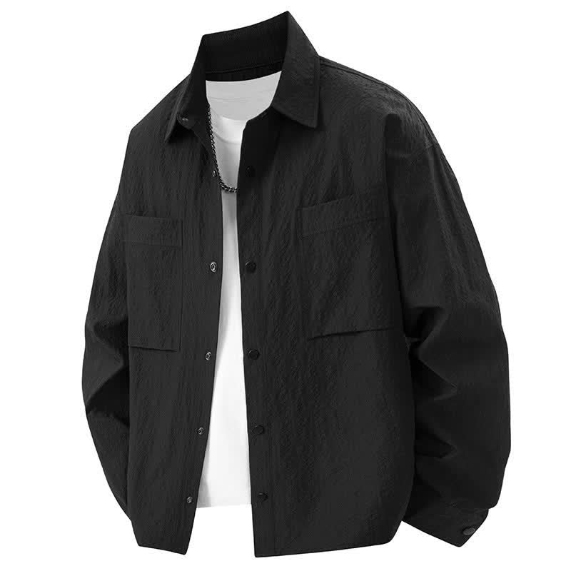 Buddha Stones Spring Solid Color Textured Long Sleeve Button Men's Lapel Shirts With Pocket - Black - US/UK/AU46，EU56 (3XL) - image 1