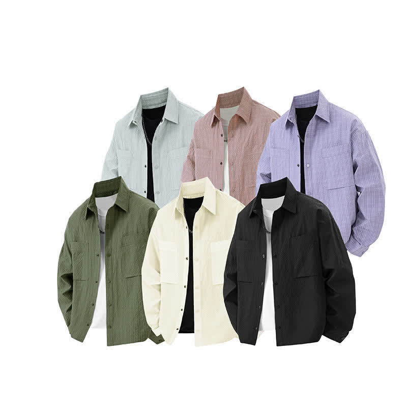 Buddha Stones Spring Solid Color Textured Long Sleeve Button Men's Lapel Shirts With Pocket - image 13