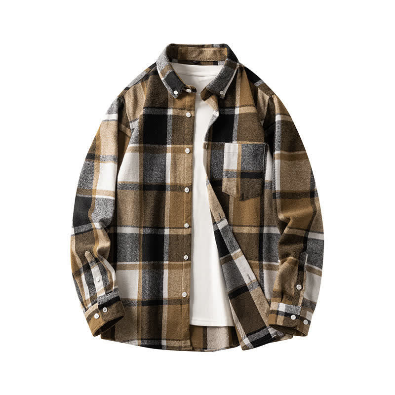 Buddha Stones Commute Multicolor Plaid Button Men's Cotton Long Sleeve Shirts With Pocket - DarkGoldenrod Black Plaid - US/UK/AU48，EU58 (7XL) - image 3