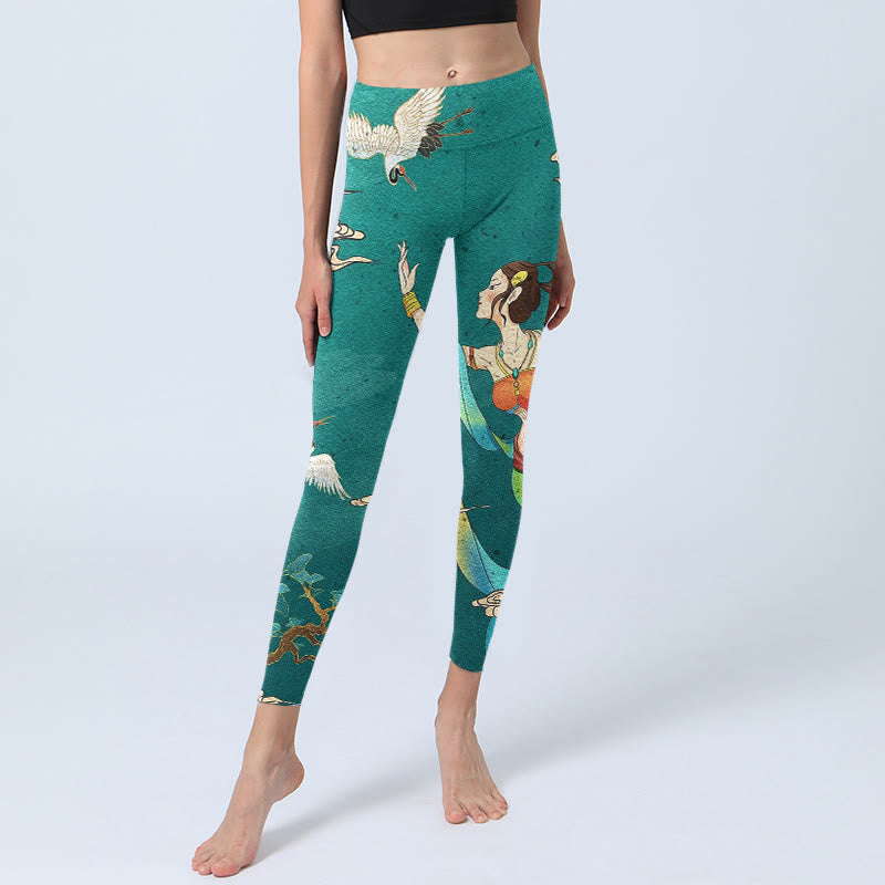 Buddha Stones Elegant Fairy Crane Cloud Pine Tree Pattern Print Gym Leggings Women's Yoga Pants - image 5