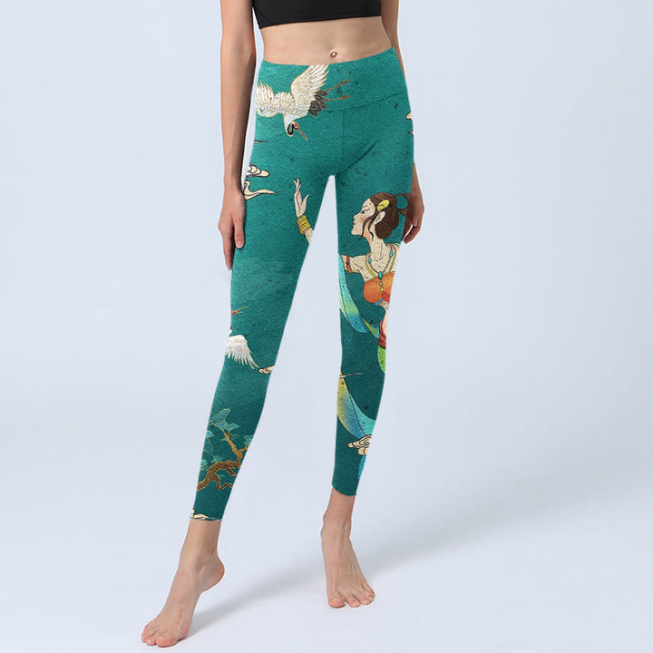 Buddha Stones Elegant Fairy Crane Cloud Pine Tree Pattern Print Gym Leggings Women's Yoga Pants - image 5