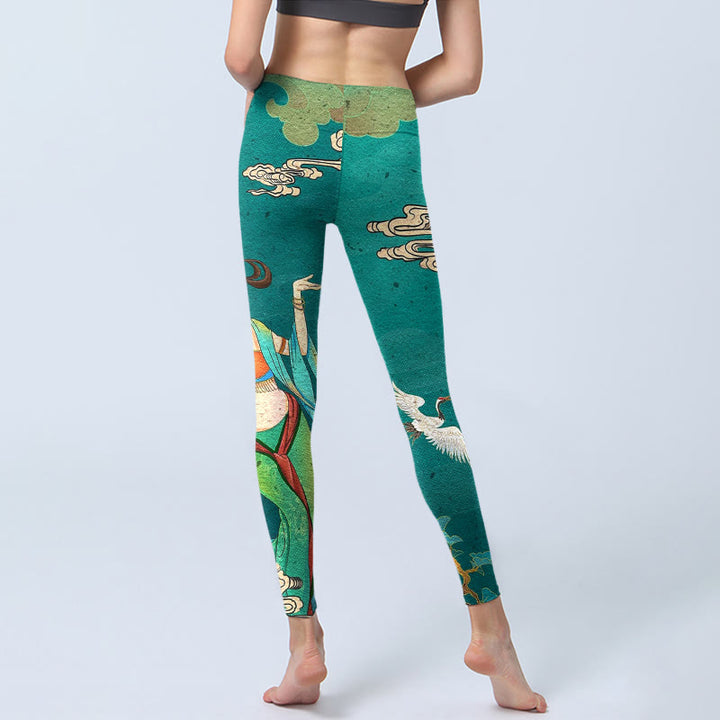 Buddha Stones Elegant Fairy Crane Cloud Pine Tree Pattern Print Gym Leggings Women's Yoga Pants - image 6