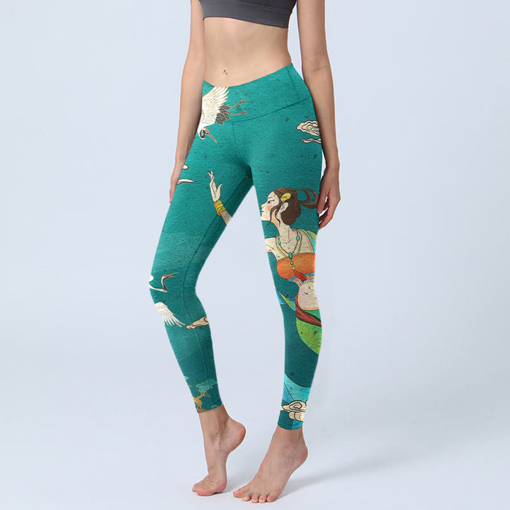 Buddha Stones Elegant Fairy Crane Cloud Pine Tree Pattern Print Gym Leggings Women's Yoga Pants - LightSeaGreen - US18，UK/AU22，EU50 (4XL) - image 0