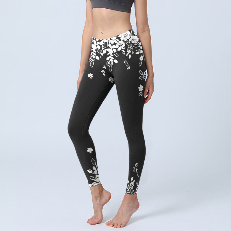 Buddha Stones Black White Contrast Flower Pattern Print Gym Leggings Women's Yoga Pants - Black - US18，UK/AU22，EU50 (4XL) - image 0