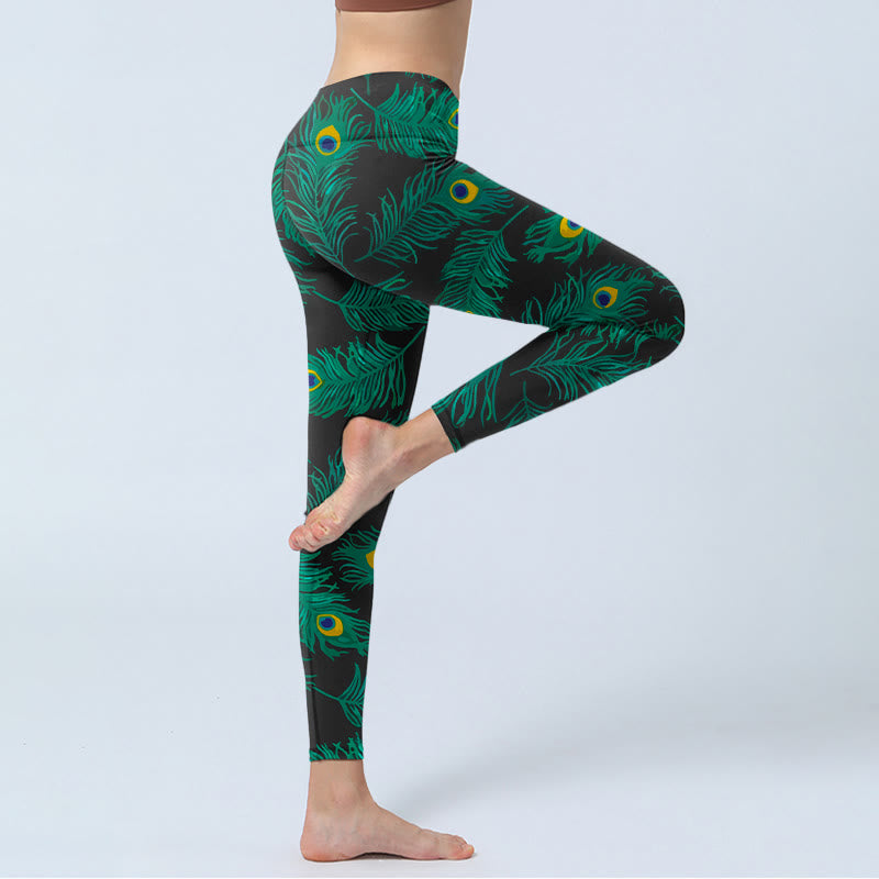 Buddha Stones Retro Peacock Feather Pattern Print Gym Leggings Women's Yoga Pants - image 3