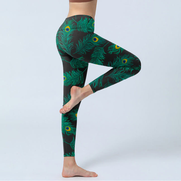 Buddha Stones Retro Peacock Feather Pattern Print Gym Leggings Women's Yoga Pants - image 3