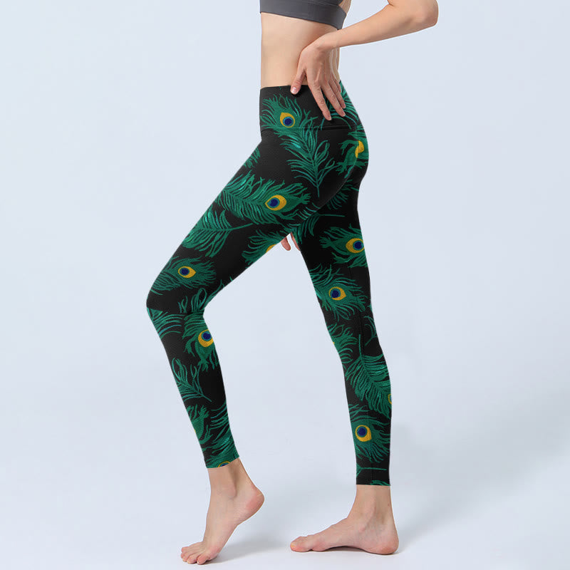 Buddha Stones Retro Peacock Feather Pattern Print Gym Leggings Women's Yoga Pants - image 2