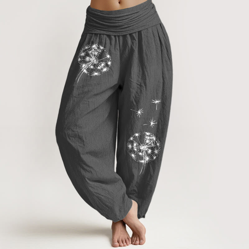 Buddha Stones Pure Cotton Concise Dandelion Pattern Women's Elastic Waist Harem Pants - DimGray - US16，UK/AU20，EU48 (3XL) - image 0