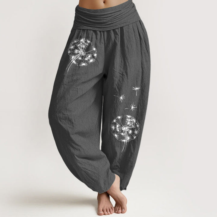 Buddha Stones Pure Cotton Concise Dandelion Pattern Women's Elastic Waist Harem Pants - DimGray - US16，UK/AU20，EU48 (3XL) - image 0