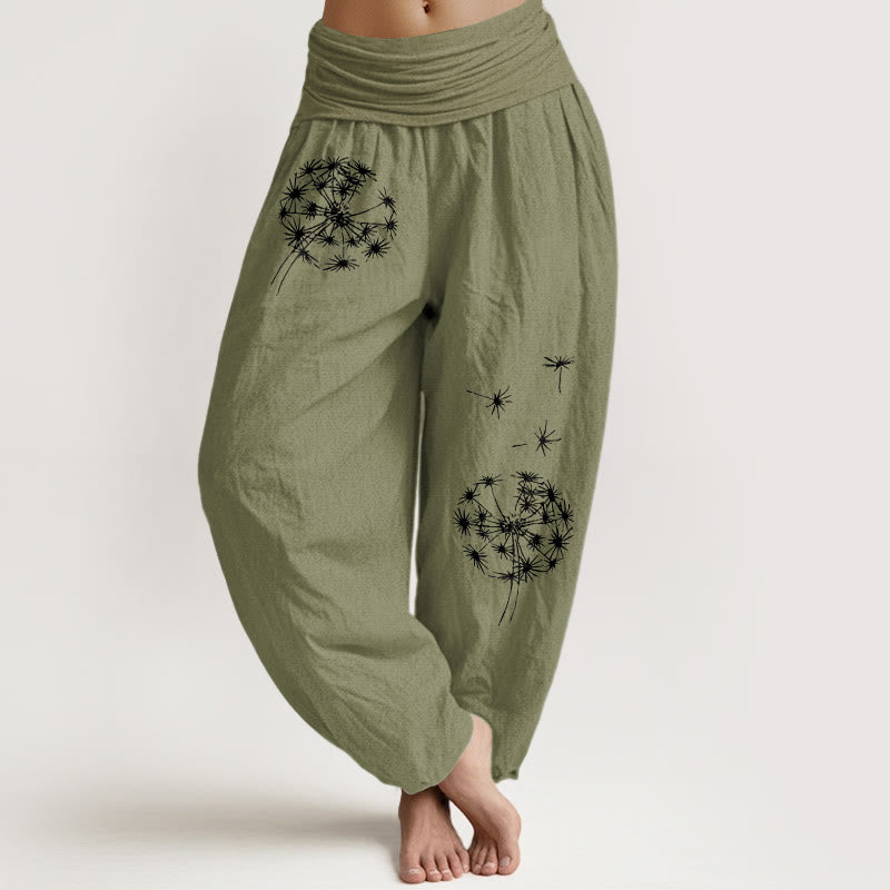 Buddha Stones Pure Cotton Concise Dandelion Pattern Women's Elastic Waist Harem Pants - OliveDrab - US16，UK/AU20，EU48 (3XL) - image 14