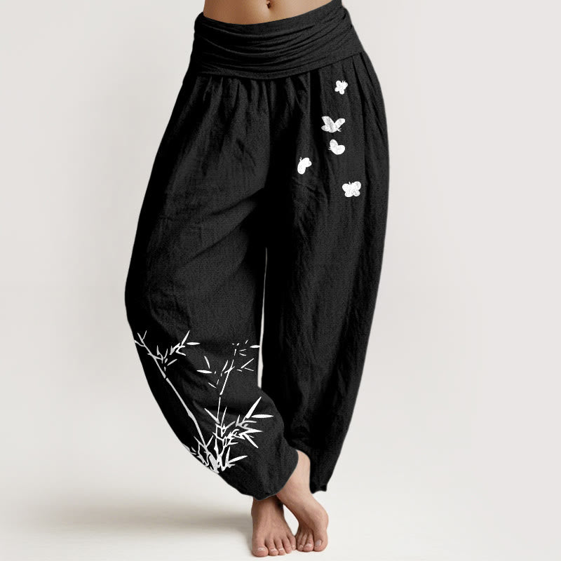 Buddha Stones Pure Cotton Concise Bamboo Butterfly Pattern Women's Elastic Waist Harem Pants - Black - US16，UK/AU20，EU48 (3XL) - image 0