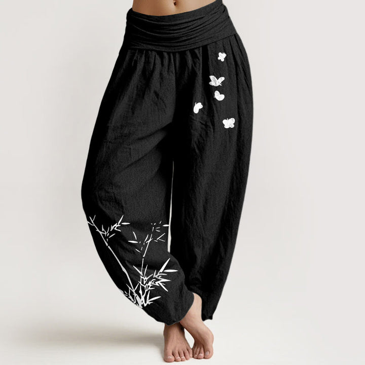 Buddha Stones Pure Cotton Concise Bamboo Butterfly Pattern Women's Elastic Waist Harem Pants - Black - US16，UK/AU20，EU48 (3XL) - image 0