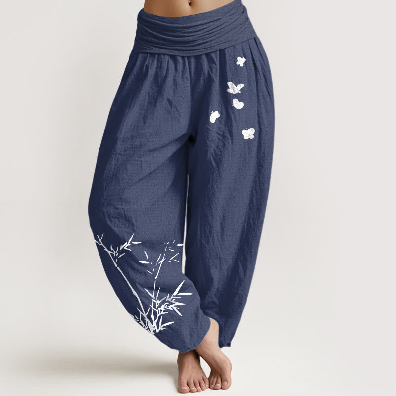 Buddha Stones Pure Cotton Concise Bamboo Butterfly Pattern Women's Elastic Waist Harem Pants - DarkSlateBlue - US16，UK/AU20，EU48 (3XL) - image 5