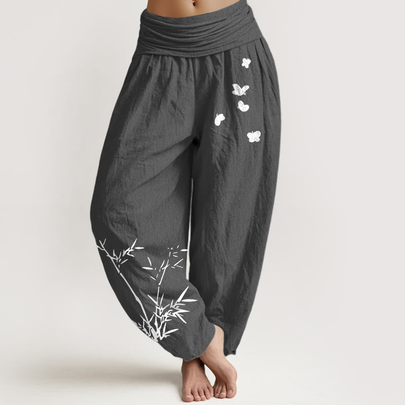 Buddha Stones Pure Cotton Concise Bamboo Butterfly Pattern Women's Elastic Waist Harem Pants - DimGray - US16，UK/AU20，EU48 (3XL) - image 8