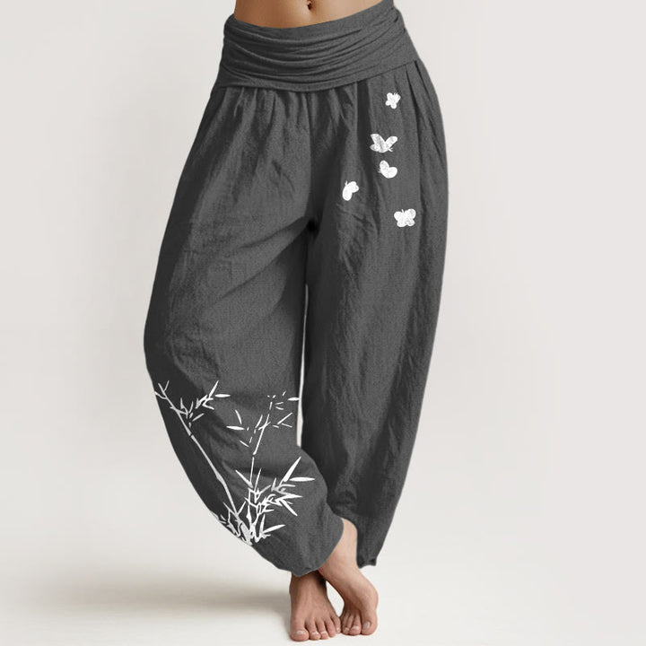 Buddha Stones Pure Cotton Concise Bamboo Butterfly Pattern Women's Elastic Waist Harem Pants - DimGray - US16，UK/AU20，EU48 (3XL) - image 8