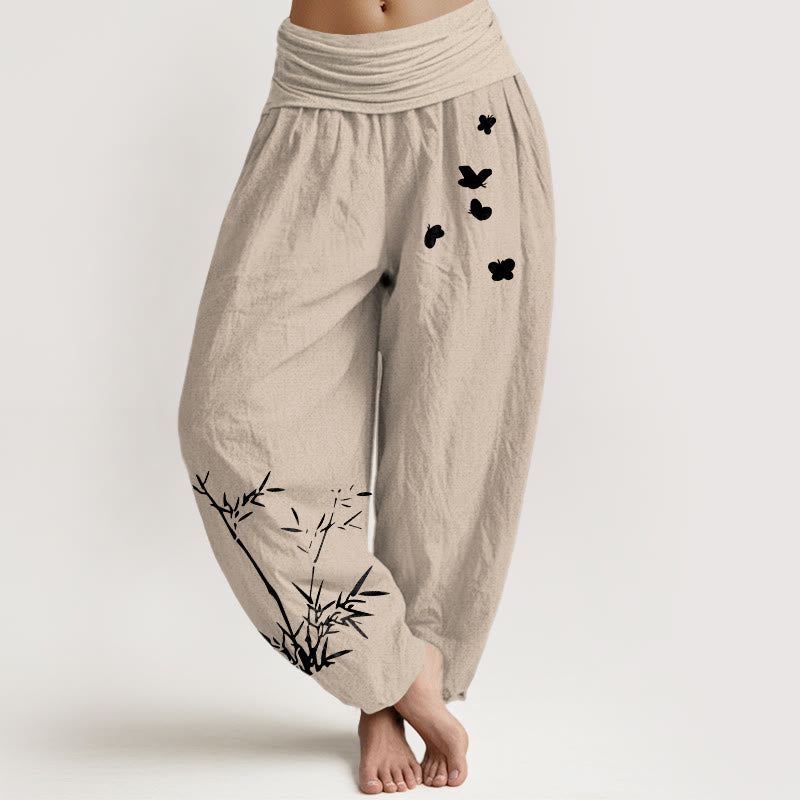 Buddha Stones Pure Cotton Concise Bamboo Butterfly Pattern Women's Elastic Waist Harem Pants - Tan - US16，UK/AU20，EU48 (3XL) - image 11