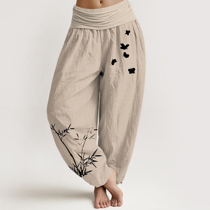 Buddha Stones Pure Cotton Concise Bamboo Butterfly Pattern Women's Elastic Waist Harem Pants - Tan - US16，UK/AU20，EU48 (3XL) - image 11