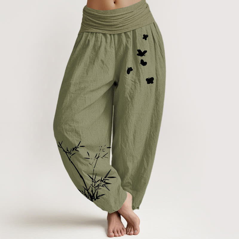 Buddha Stones Pure Cotton Concise Bamboo Butterfly Pattern Women's Elastic Waist Harem Pants - OliveDrab - US16，UK/AU20，EU48 (3XL) - image 14