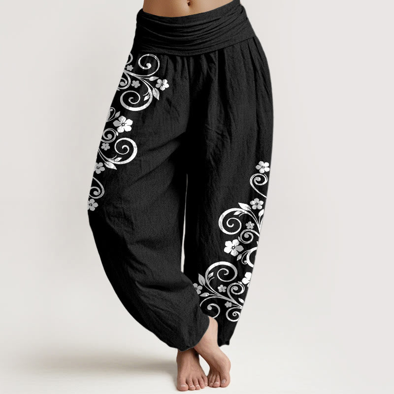 Buddha Stones Pure Cotton Elegant Vine Flower Pattern Women's Elastic Waist Harem Pants - Black - US16，UK/AU20，EU48 (3XL) - image 0