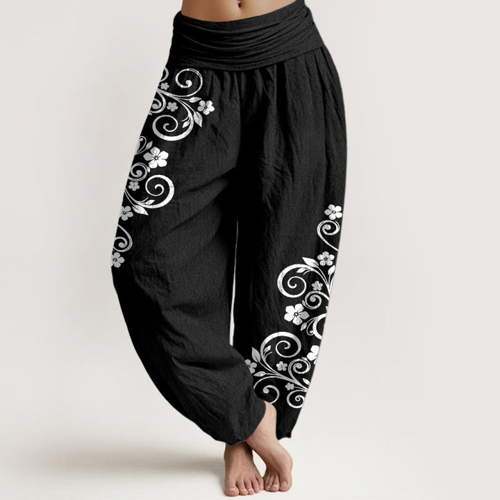 Buddha Stones Pure Cotton Elegant Vine Flower Pattern Women's Elastic Waist Harem Pants - Black - US16，UK/AU20，EU48 (3XL) - image 0