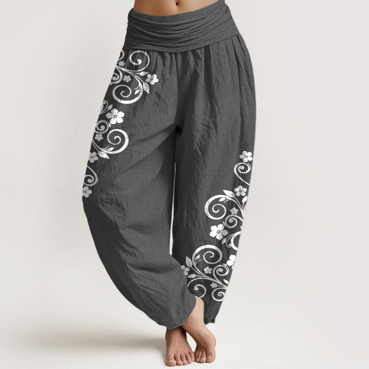 Buddha Stones Pure Cotton Elegant Vine Flower Pattern Women's Elastic Waist Harem Pants - DimGray - US16，UK/AU20，EU48 (3XL) - image 8