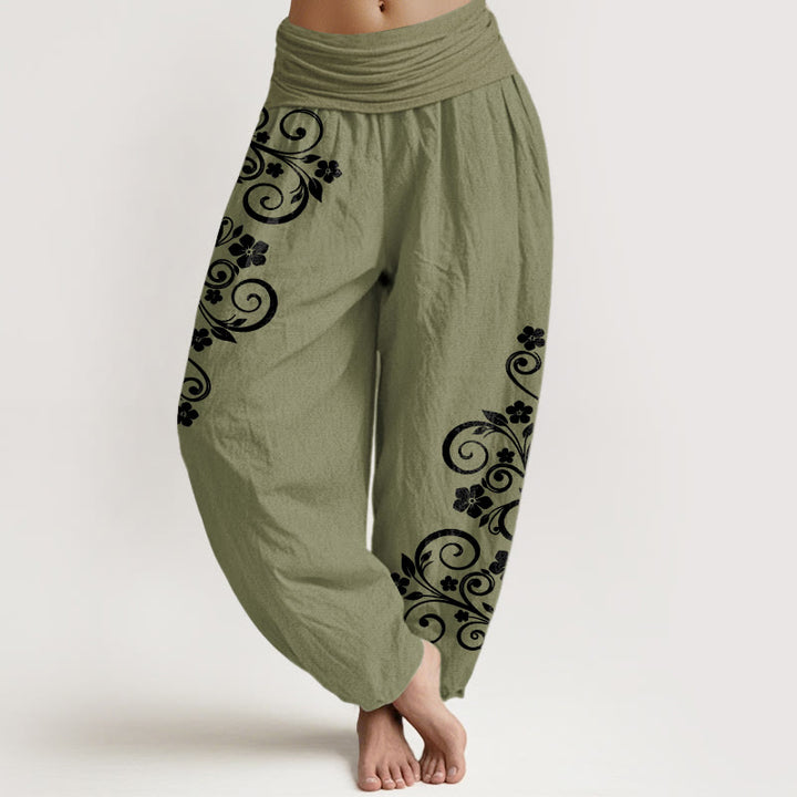 Buddha Stones Pure Cotton Elegant Vine Flower Pattern Women's Elastic Waist Harem Pants - OliveDrab - US16，UK/AU20，EU48 (3XL) - image 14