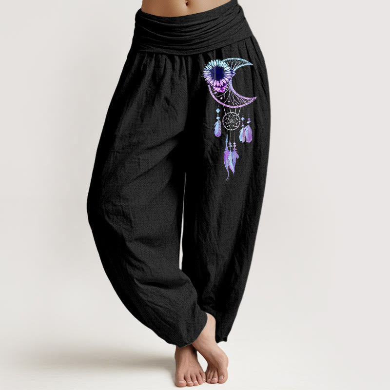 Buddha Stones Pure Cotton Elegant Moon Flower Feather Pattern Women's Elastic Waist Harem Pants - Black - US16，UK/AU20，EU48 (3XL) - image 0