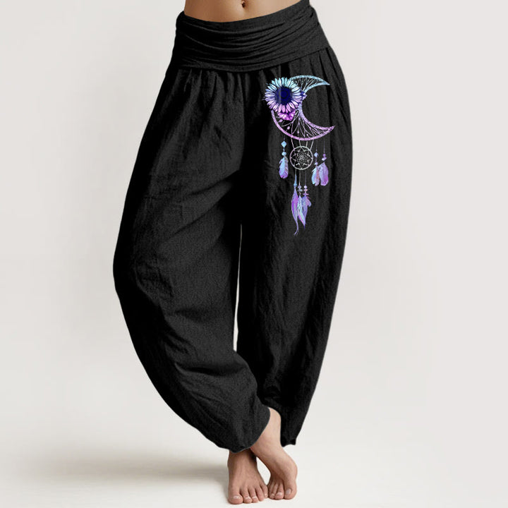 Buddha Stones Pure Cotton Elegant Moon Flower Feather Pattern Women's Elastic Waist Harem Pants - Black - US16，UK/AU20，EU48 (3XL) - image 0