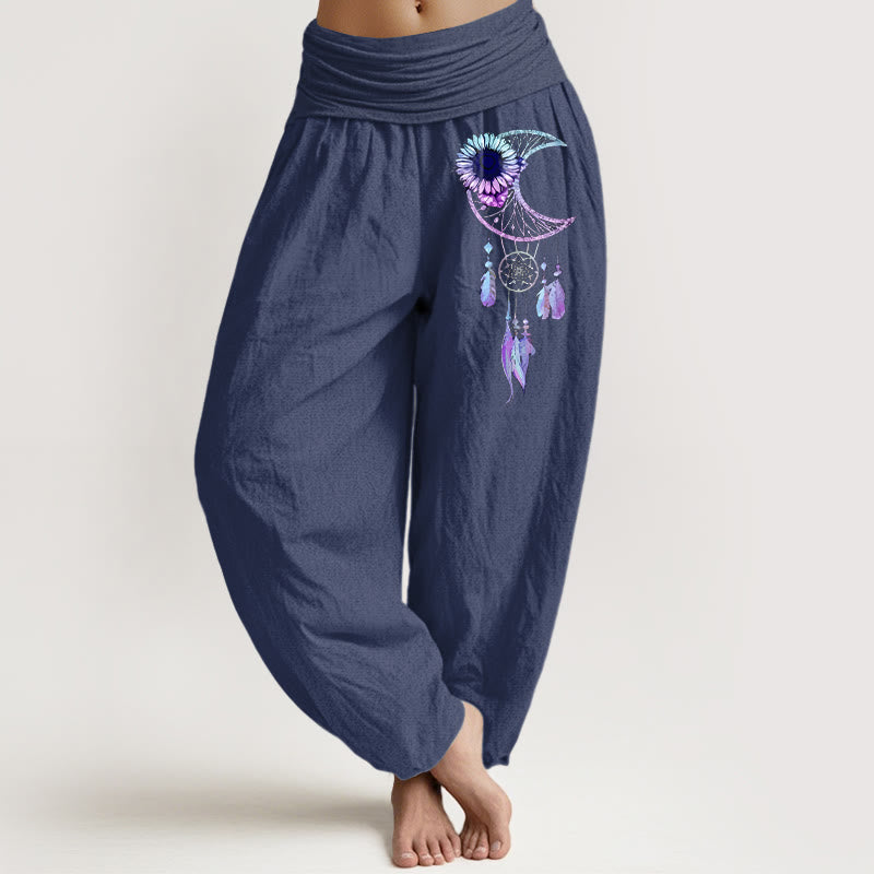 Buddha Stones Pure Cotton Elegant Moon Flower Feather Pattern Women's Elastic Waist Harem Pants - DarkSlateBlue - US16，UK/AU20，EU48 (3XL) - image 5