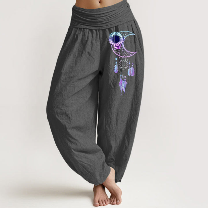 Buddha Stones Pure Cotton Elegant Moon Flower Feather Pattern Women's Elastic Waist Harem Pants - DimGray - US16，UK/AU20，EU48 (3XL) - image 8
