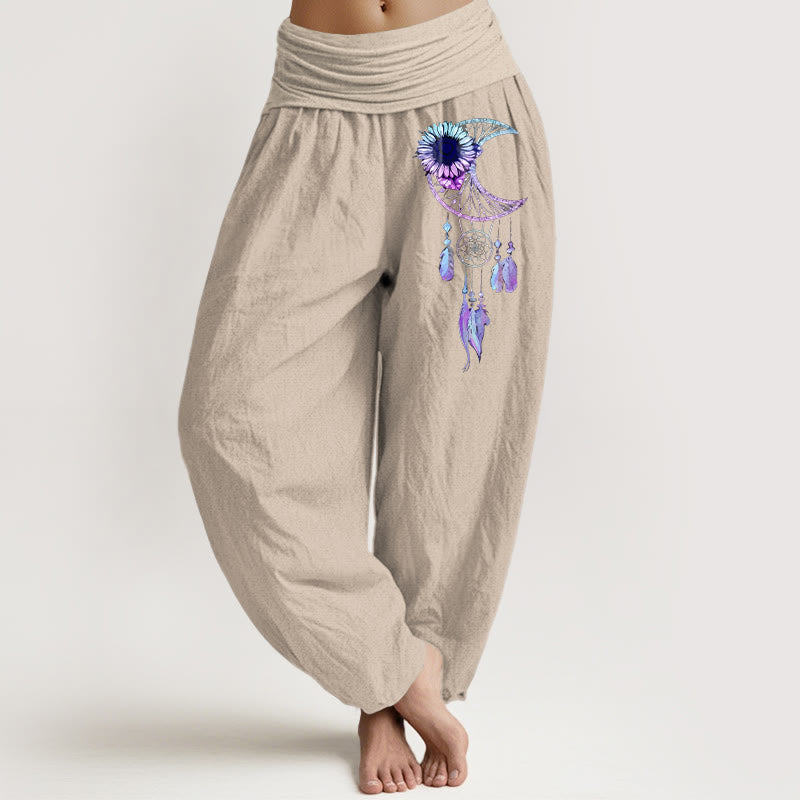 Buddha Stones Pure Cotton Elegant Moon Flower Feather Pattern Women's Elastic Waist Harem Pants - Tan - US16，UK/AU20，EU48 (3XL) - image 11