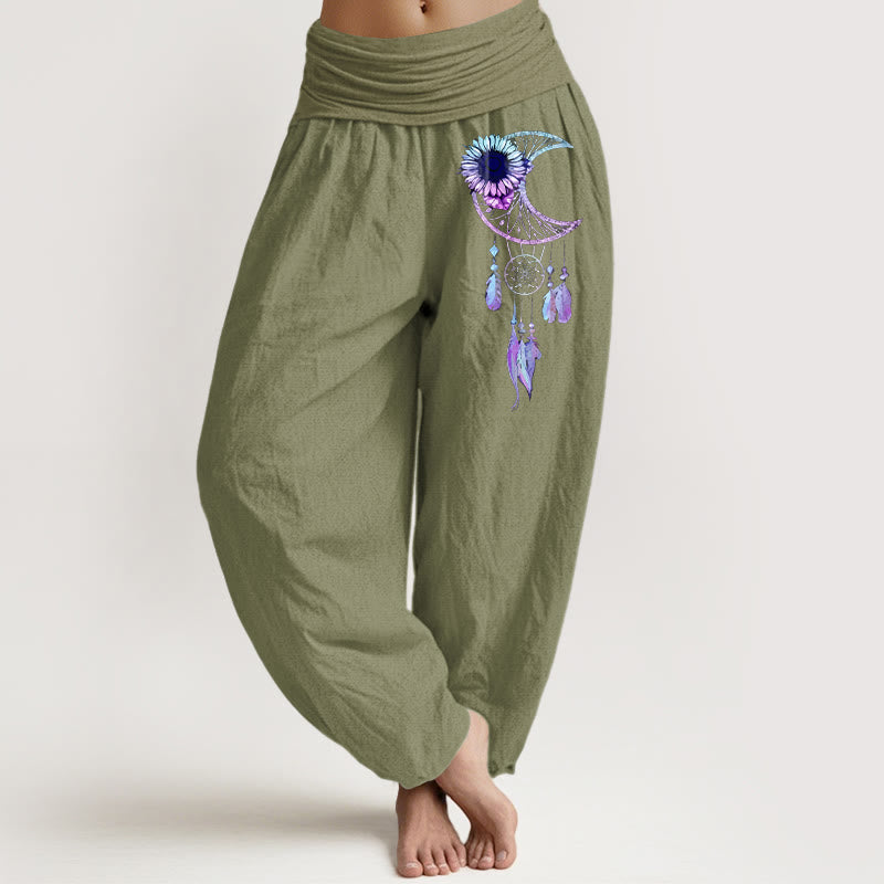 Buddha Stones Pure Cotton Elegant Moon Flower Feather Pattern Women's Elastic Waist Harem Pants - OliveDrab - US16，UK/AU20，EU48 (3XL) - image 14