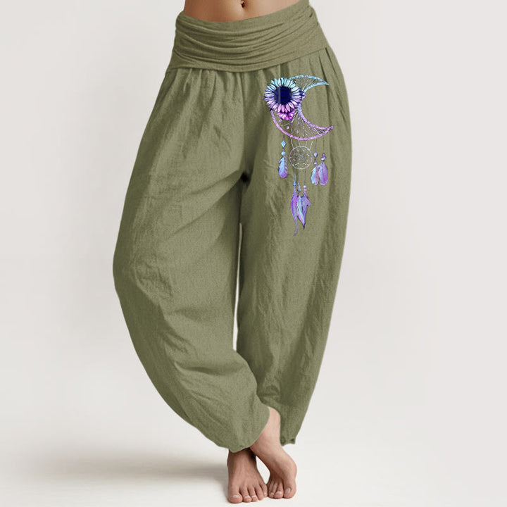 Buddha Stones Pure Cotton Elegant Moon Flower Feather Pattern Women's Elastic Waist Harem Pants - OliveDrab - US16，UK/AU20，EU48 (3XL) - image 14