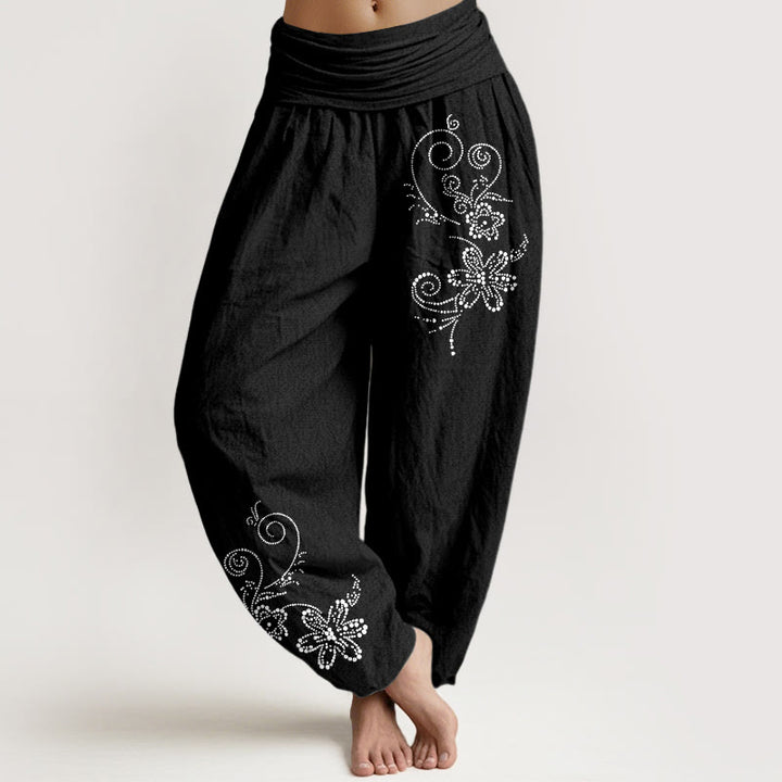 Buddha Stones Pure Cotton Composed Of Dots Vine Flower Pattern Women's Elastic Waist Harem Pants - Black - US16，UK/AU20，EU48 (3XL) - image 5