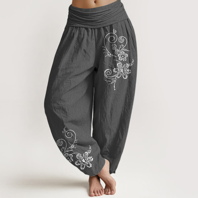 Buddha Stones Pure Cotton Composed Of Dots Vine Flower Pattern Women's Elastic Waist Harem Pants - DimGray - US16，UK/AU20，EU48 (3XL) - image 8