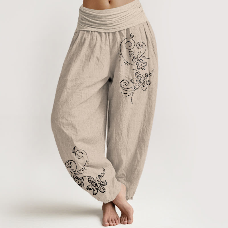 Buddha Stones Pure Cotton Composed Of Dots Vine Flower Pattern Women's Elastic Waist Harem Pants - Tan - US16，UK/AU20，EU48 (3XL) - image 11