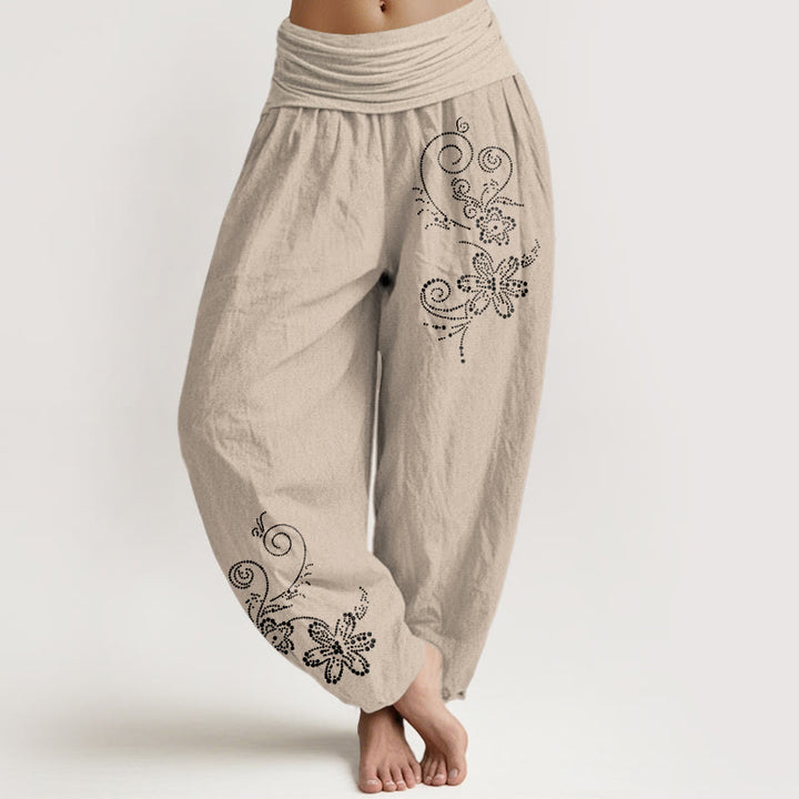 Buddha Stones Pure Cotton Composed Of Dots Vine Flower Pattern Women's Elastic Waist Harem Pants - Tan - US16，UK/AU20，EU48 (3XL) - image 11