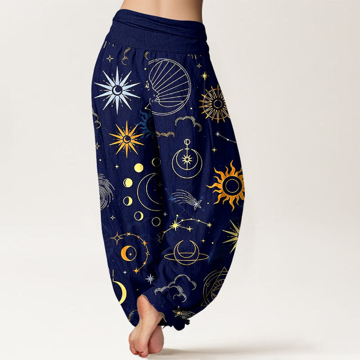 Buddha Stones Cotton Moon Sun Cloud Star Constellation Pattern Women's Elastic Waist Harem Pants - image 1