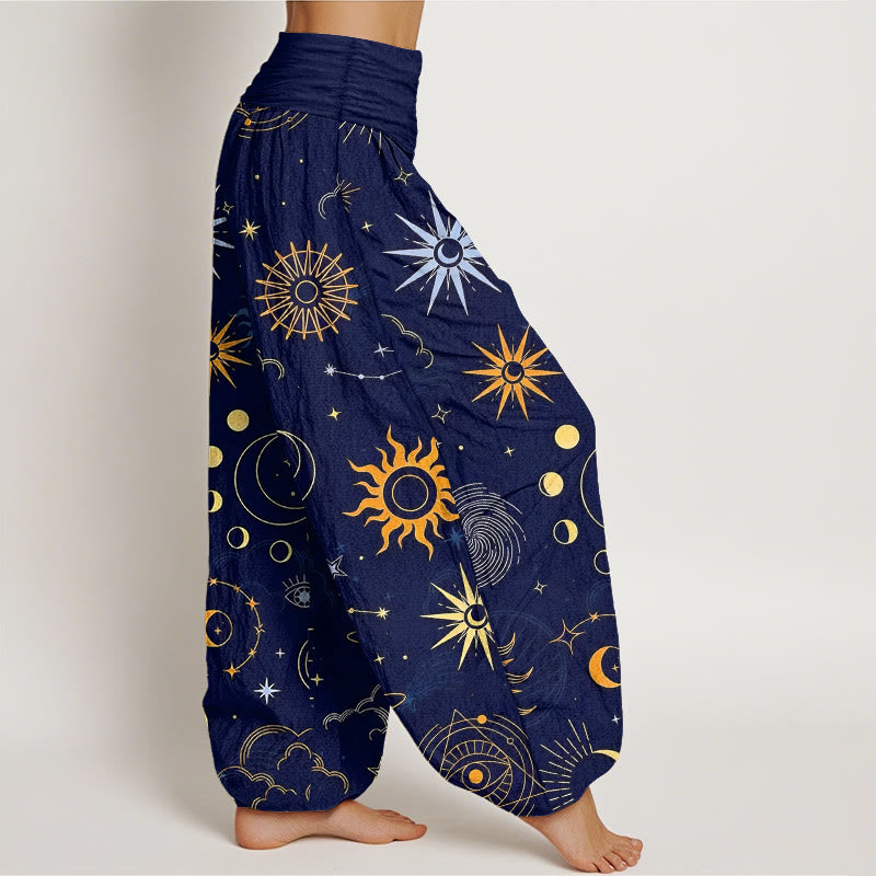 Buddha Stones Cotton Moon Sun Cloud Star Constellation Pattern Women's Elastic Waist Harem Pants - image 2