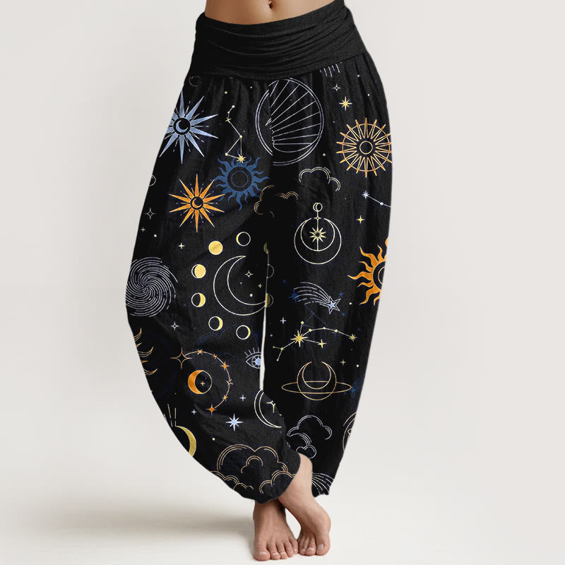 Buddha Stones Cotton Moon Sun Cloud Star Constellation Pattern Women's Elastic Waist Harem Pants - Black - US16，UK/AU20，EU48 (3XL) - image 8