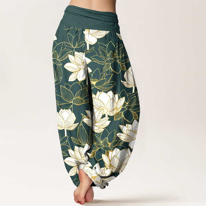 Buddha Stones Cotton Elegant Refined Lotus Flower Pattern Women's Elastic Waist Harem Pants - image 1
