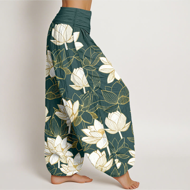 Buddha Stones Cotton Elegant Refined Lotus Flower Pattern Women's Elastic Waist Harem Pants - image 2
