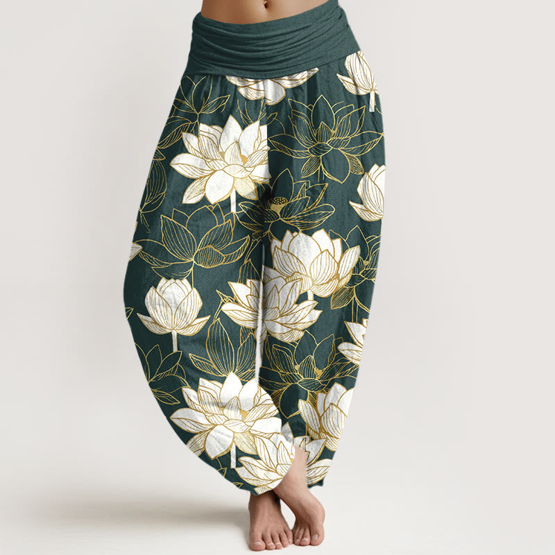 Buddha Stones Cotton Elegant Refined Lotus Flower Pattern Women's Elastic Waist Harem Pants - DarkGreen - US16，UK/AU20，EU48 (3XL) - image 0