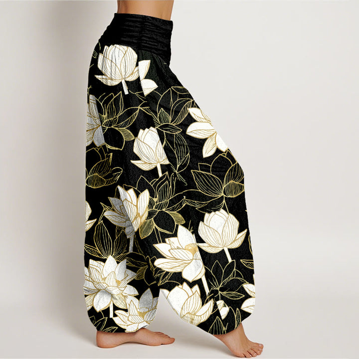 Buddha Stones Cotton Elegant Refined Lotus Flower Pattern Women's Elastic Waist Harem Pants - image 7